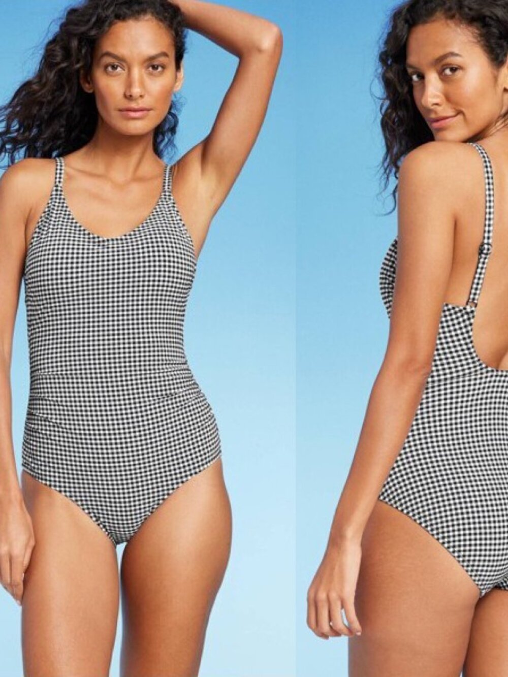 NWT Kona Sol Textured Gingham Ruched Full Coverage One Piece Swimsuit